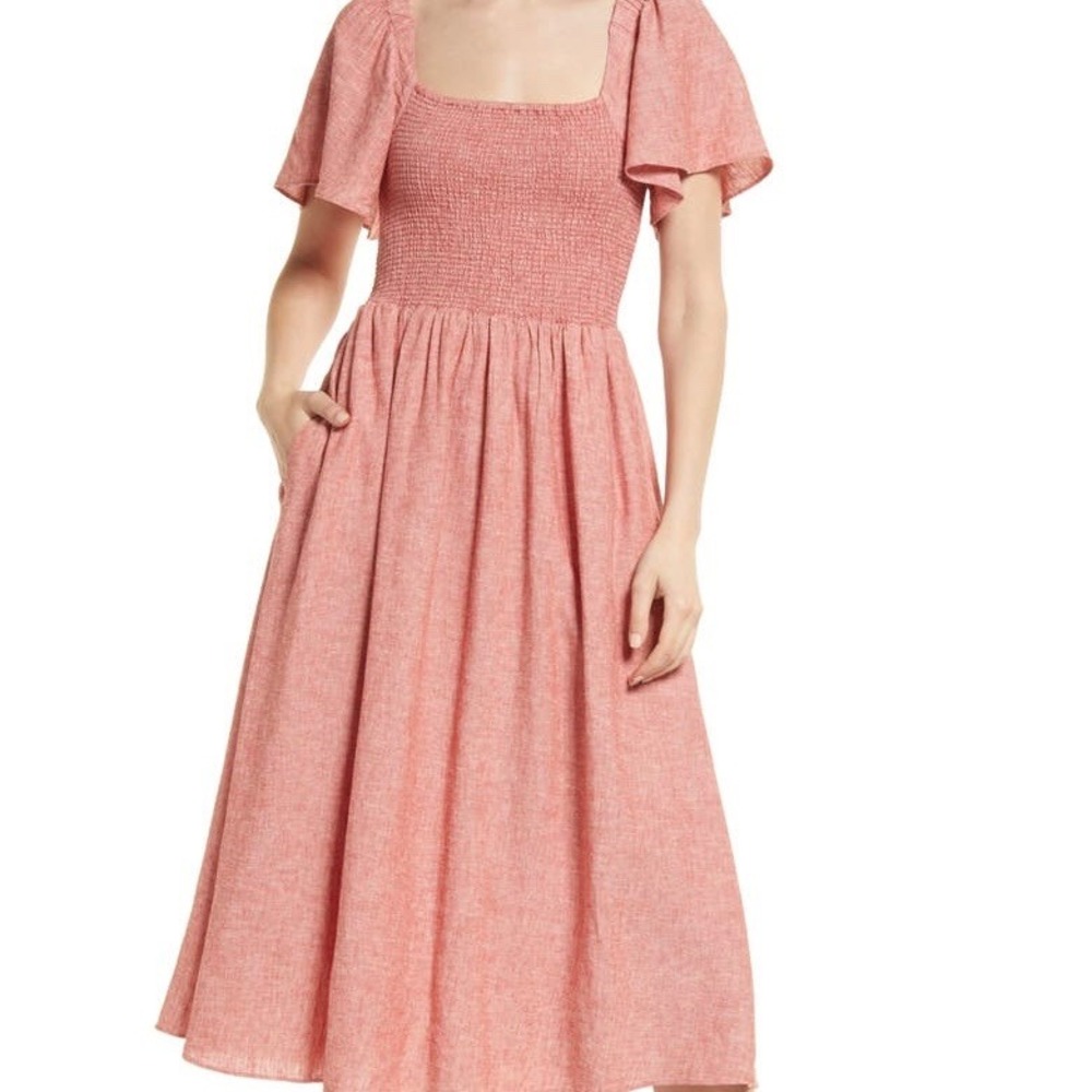 Madewell Size Large Lucie Smocked Midi Dress Clay Red Linen Blend MD141 Womens